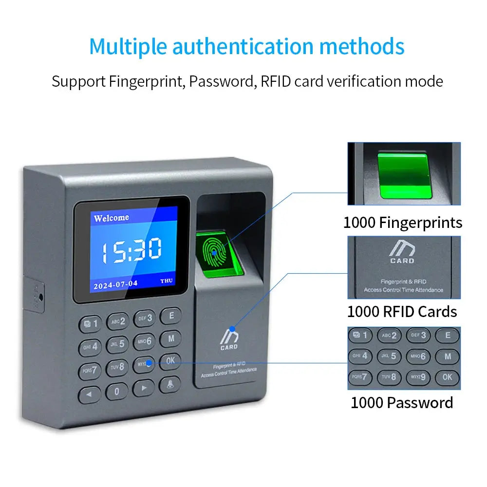 Simples Market biometric fingerprint scanner RFID access control system, 1000-user capacity, USB time attendance, gray