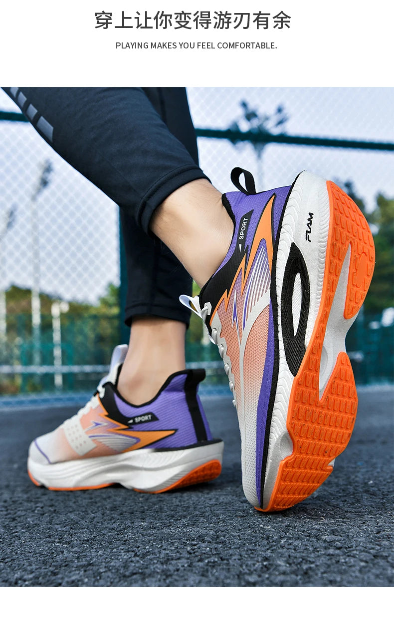 Pair of men's running shoes in purple, orange and white with breathable upper and cushioned sole