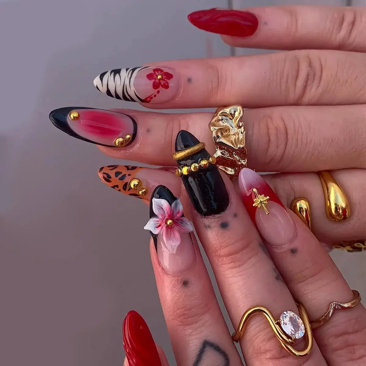 GlamNail Pink Almond Press On Nails Full Coverage Carved Flower 3D Ripple French Tips Golden Pearl Finish