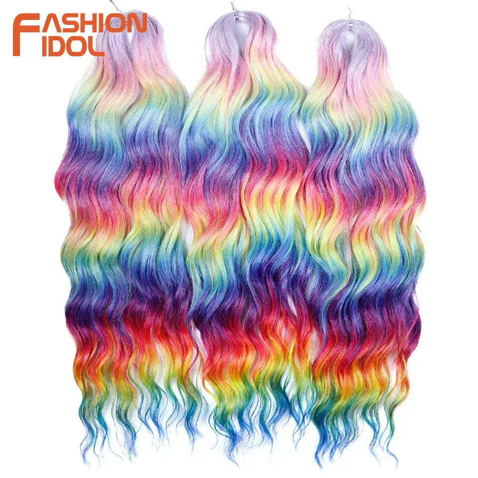 Anna 24in synthetic water-wave braiding hair extensions in rainbow ombre, three bundles, Fashion Idol logo