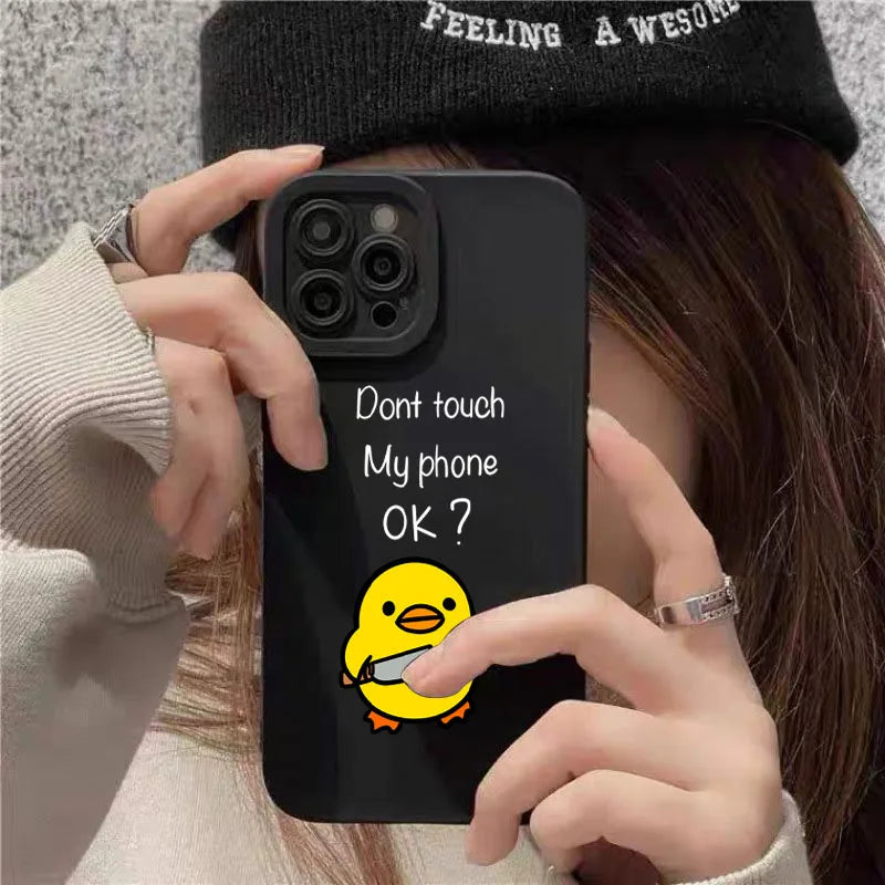 Silicone phone case, black with a cute yellow duck and white text for iPhone models.