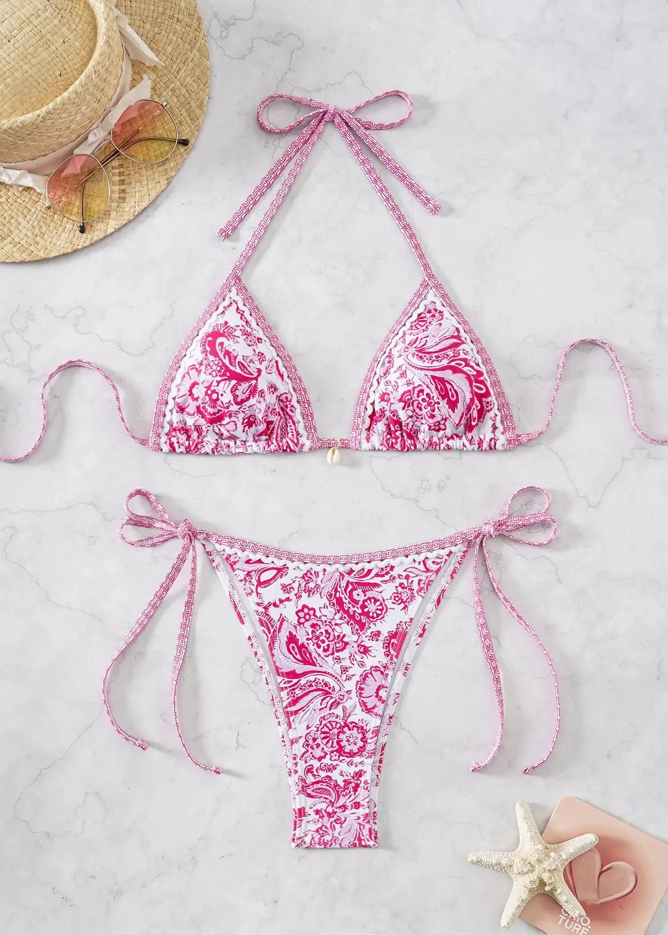 Simples Market 2026 floral triangle bikini set with pink print, halter neck ties and Brazilian-cut bottoms