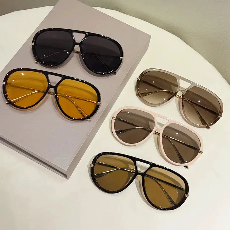 KAMMPT Oversized Pilot Sunglasses For Women UV400 Protection Vintage Double Bridge Luxury Eyewear