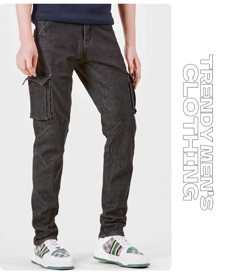 Men's denim cargo pants by Simples Market, washed black, elastic waist, multiple pockets, slim fit