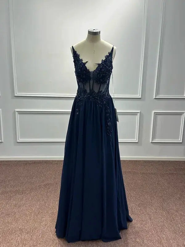 Navy Blue Spaghetti Straps A Line Evening Dress Appliques Prom Gown