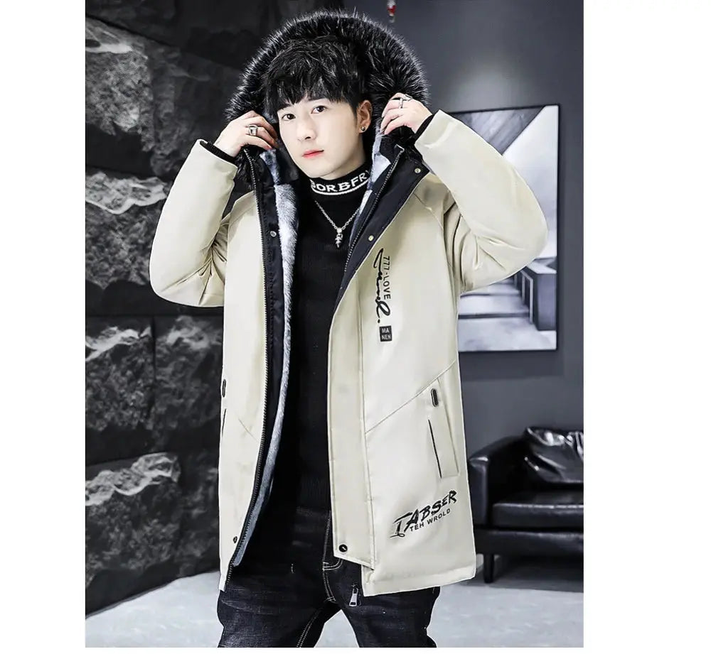 Winter men's long down jacket beige with fur hood by Simples Market, warm padded parka for cold weather, streetwear