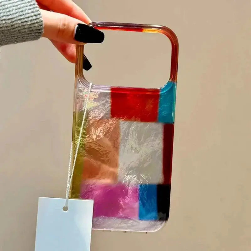 iPhone case with multicolor color-block panels and clear back, retro stitched design