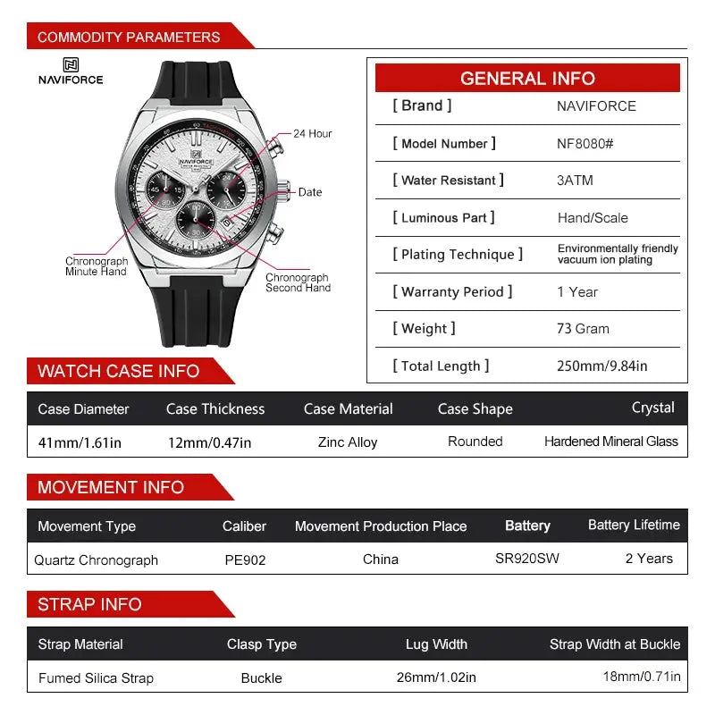 Naviforce 8080 men's quartz watch with black strap, silver case, chronograph, date window, water resistant 3ATM.
