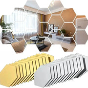 Hexagon acrylic mirror wall tiles set, gold and silver, 5pcs, removable adhesive mosaic by Simples Market