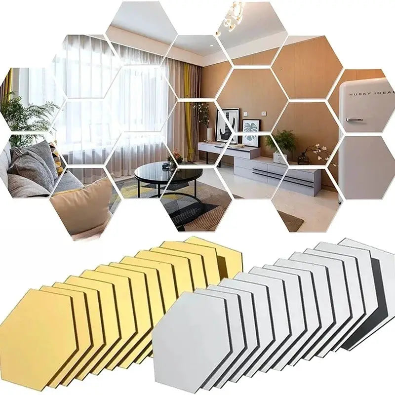 Hexagon acrylic mirror wall tiles set, gold and silver, 5pcs, removable adhesive mosaic by Simples Market