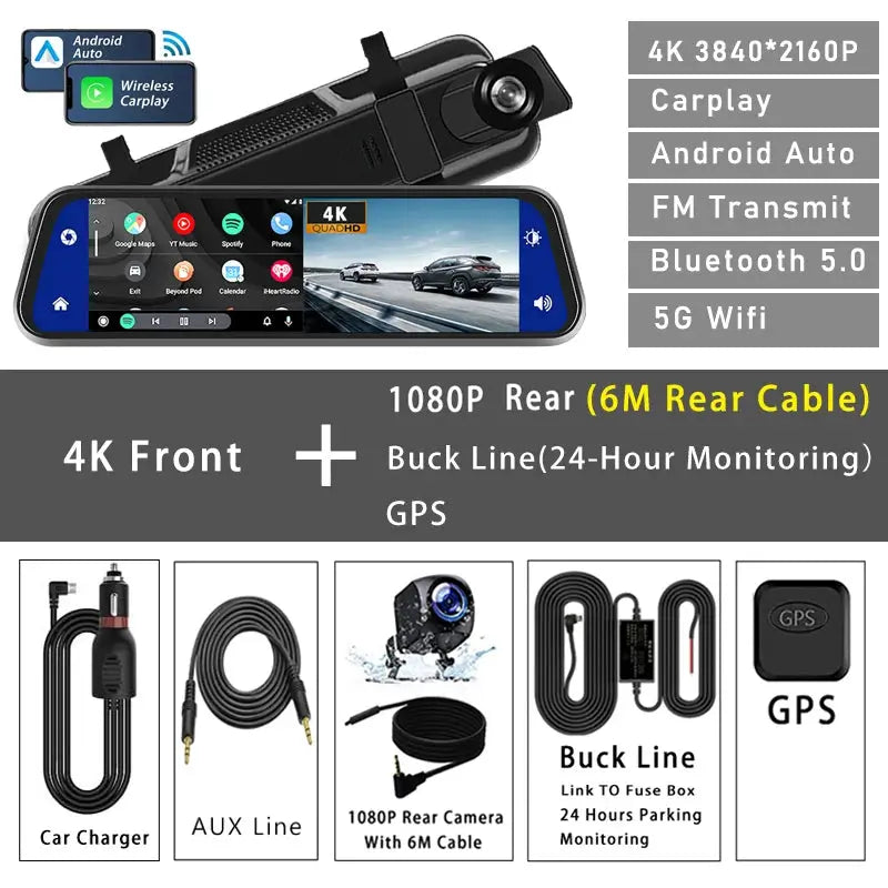 10In Dash Cam 4K 3840x2160P CarPlay Android Auto GPS WiFi Rear Mirror