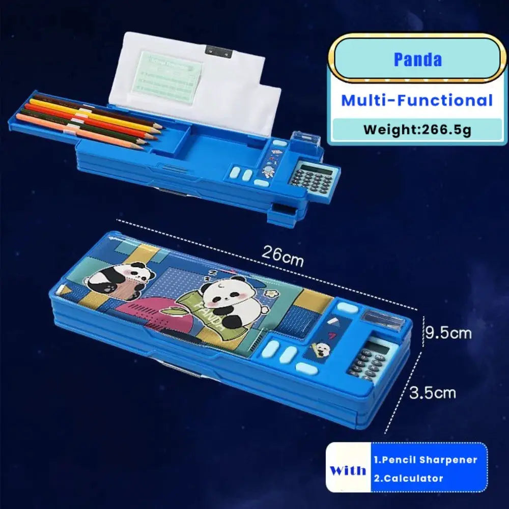 Simples Market blue plastic pencil case with built-in calculator and pencil sharpener; panda design.