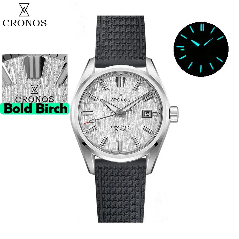 Cronos 39mm automatic watch with white birch-pattern dial, black textured strap, sapphire crystal, 10 ATM