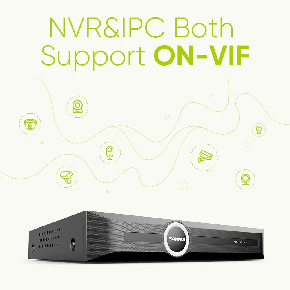 SANNCE 8CH NVR security system with 4 PoE IP cameras, black video recorder featuring SANNCE logo and ON-VIF compatible