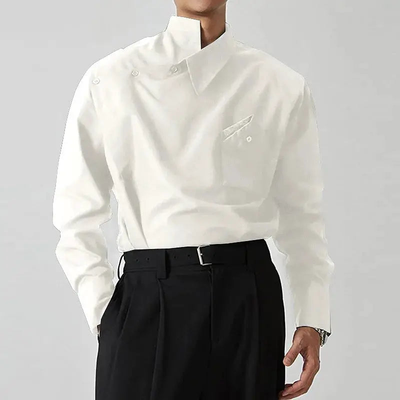 Men's white long-sleeve shirt with stand collar and irregular design.