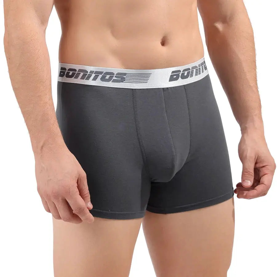Boxers for men: dark gray cotton underwear with white Bonitos elastic waistband.