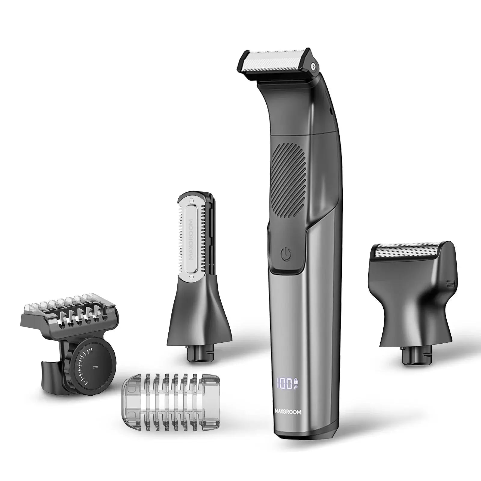 MAXGROOM 3-in-1 men's body hair trimmer and shaver, black and silver with multiple attachment heads, IPX6 waterproof