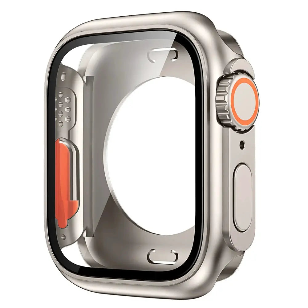 Simples Market Apple Watch bumper case for 40–46mm with clear front shield, silver frame and orange crown accent
