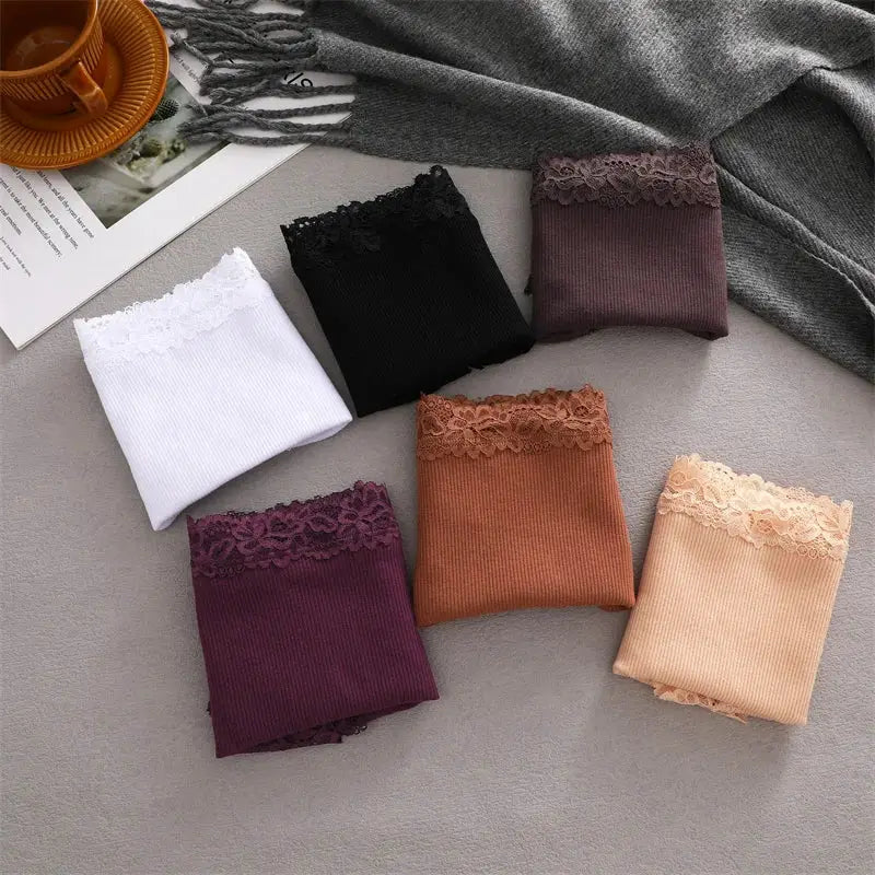 Panties six-pack by Simples Market; cotton lace low-rise briefs in assorted colors.
