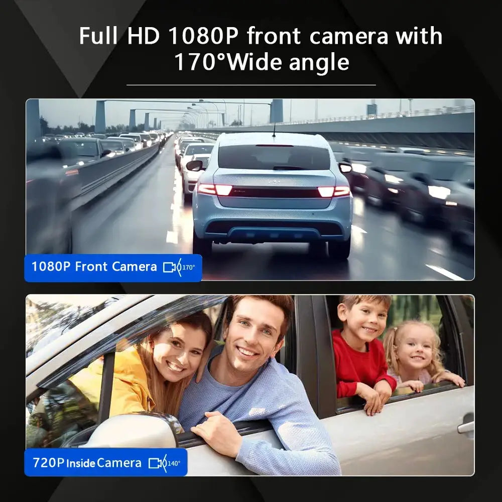 Dual dash cam for cars: 1080P front + 720P inside, two cameras, wide-angle lens