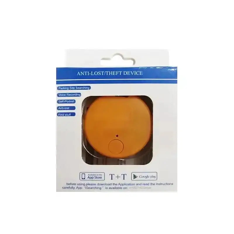 GPS tracker anti-lost/theft device in orange circular case, boxed with iOS/Android app logos.