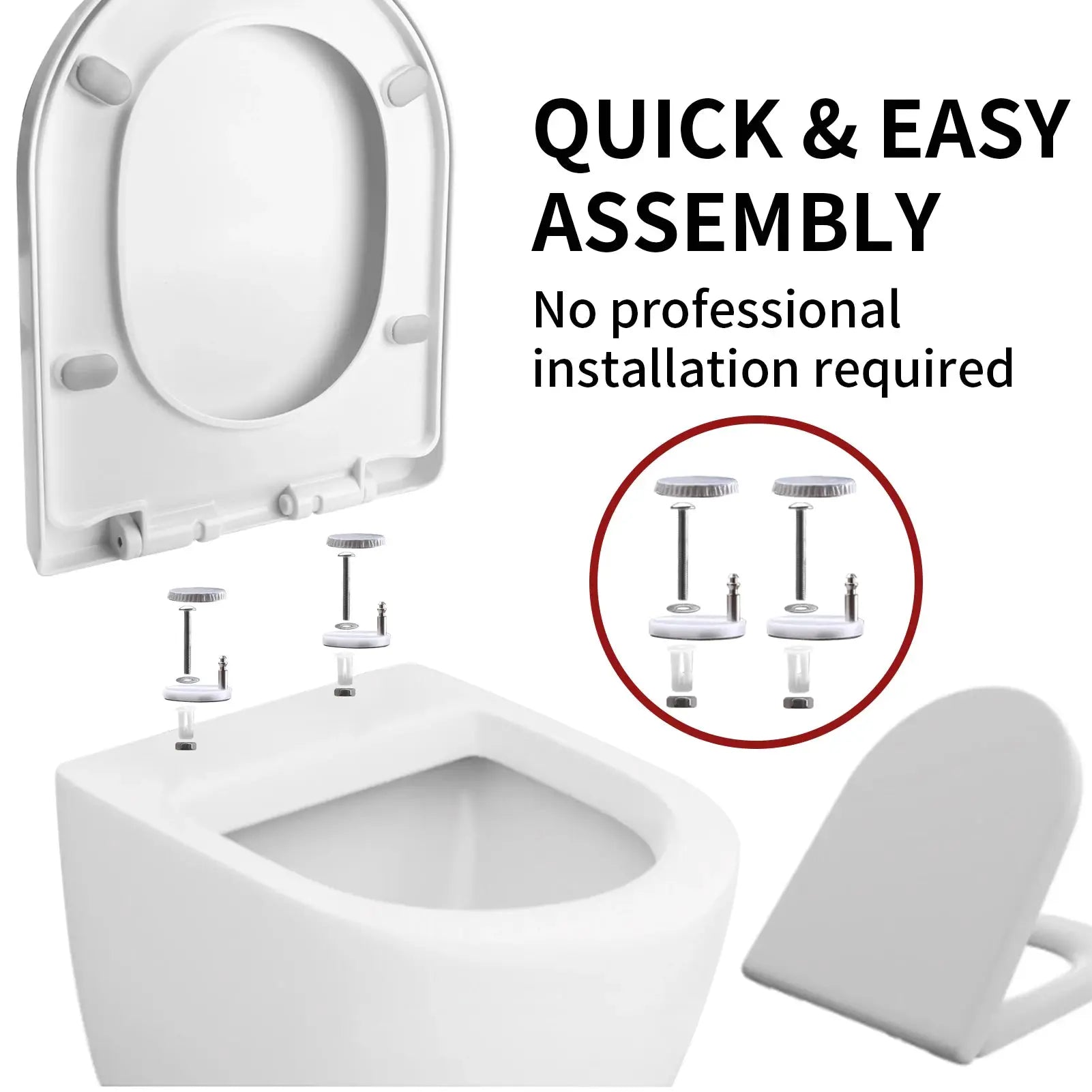O-shaped white toilet seat with slow-close, includes mounting bolts for quick assembly.
