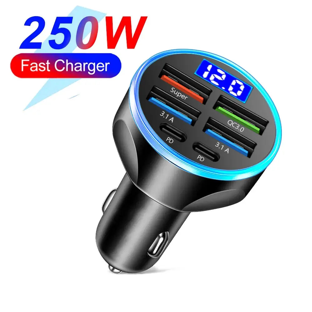 66-250W PD Car Charger QC3.0 Fast Charge One To Six Car Cigarette Lighter Plugs With Digital Display