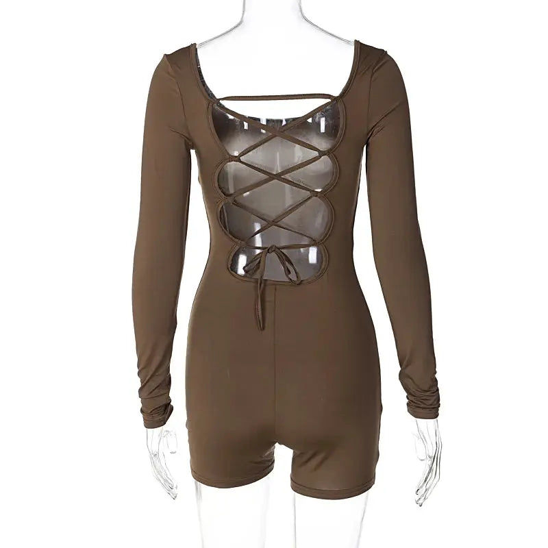 Hugcitar brown long-sleeve backless lace-up playsuit with front lattice cutouts, slim fit