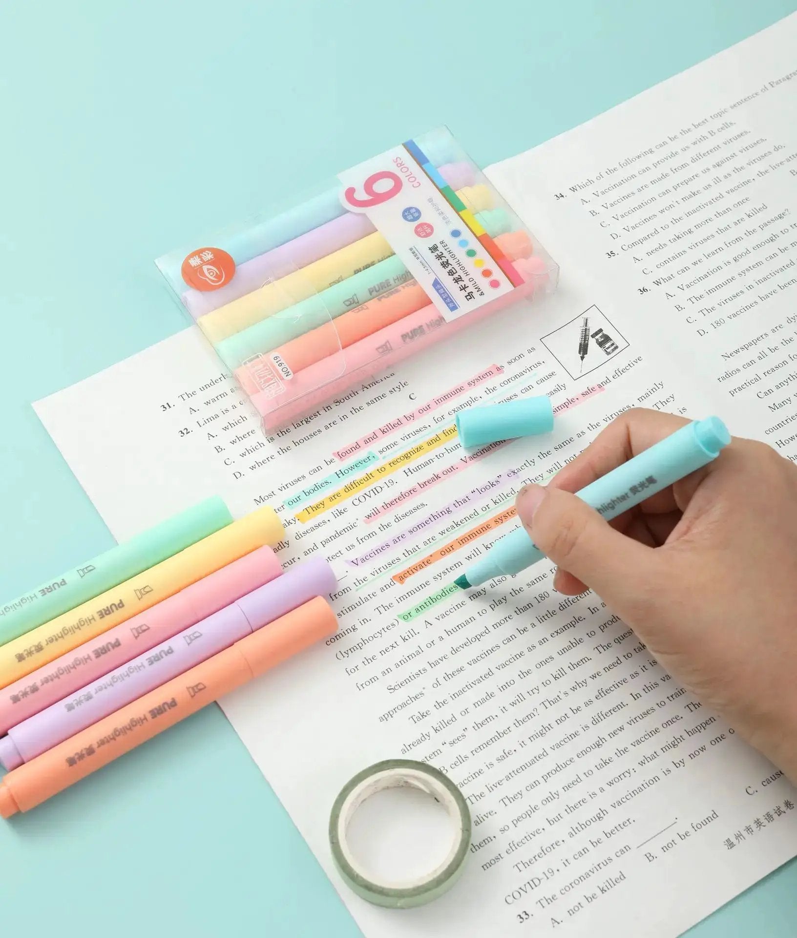 Pastel color highlighter pen set, 6 pieces in a clear plastic case by Simples Market