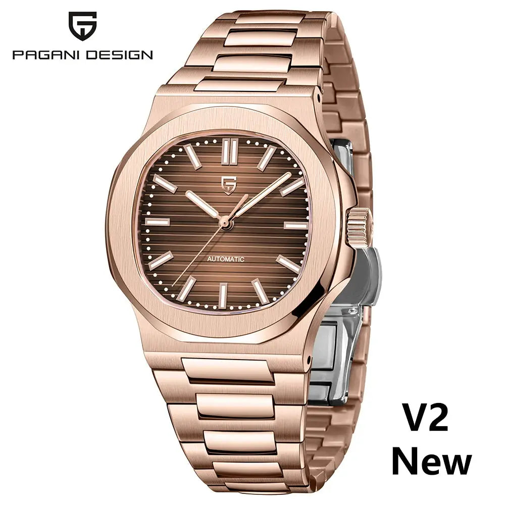 Pagani Design 40mm men's rose-gold stainless steel automatic wristwatch with brown striped dial