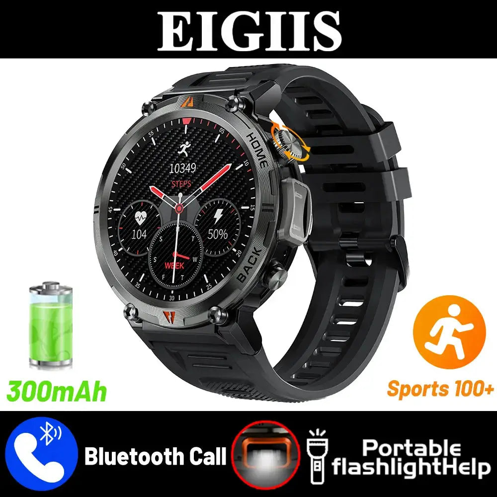 EIGIIS KE3 smartwatch for men, black metal case with silicone strap, Bluetooth call and heart-rate monitor
