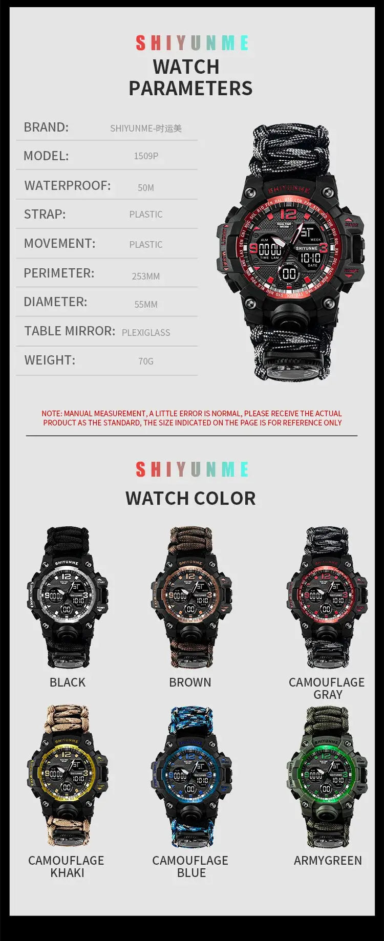SHIYUNME men's military sport digital watch with compass, rugged rope strap, 50m waterproof; six color variants shown.