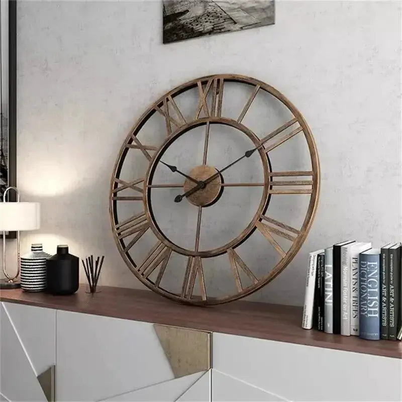 Large round wall clock with 3D metal Roman numerals in a rustic brown iron finish