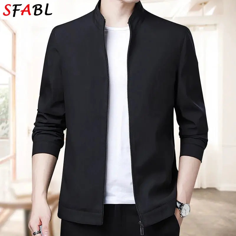 Men's black zip-up jacket with stand collar; SFABL logo visible
