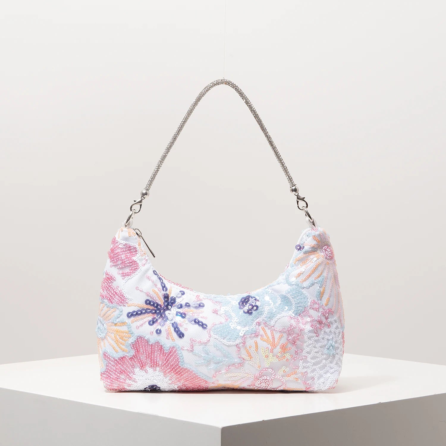 Shoulder bag with pastel floral sequin embroidery and silver chain strap