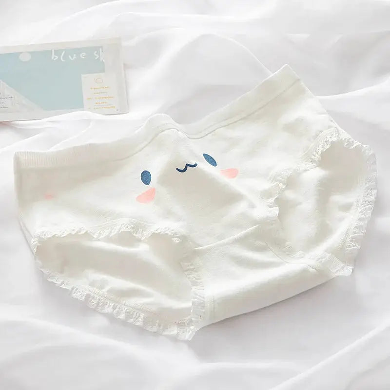 Cotton white women’s panties with cute rabbit face print and lace trim, 5-piece set