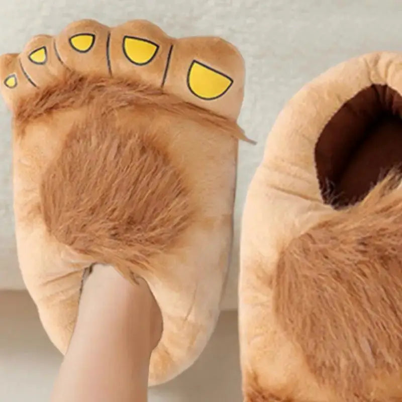 Foot Slippers by Simples Market, beige fuzzy indoor pair with paw-print top and furry trim, anti-slip