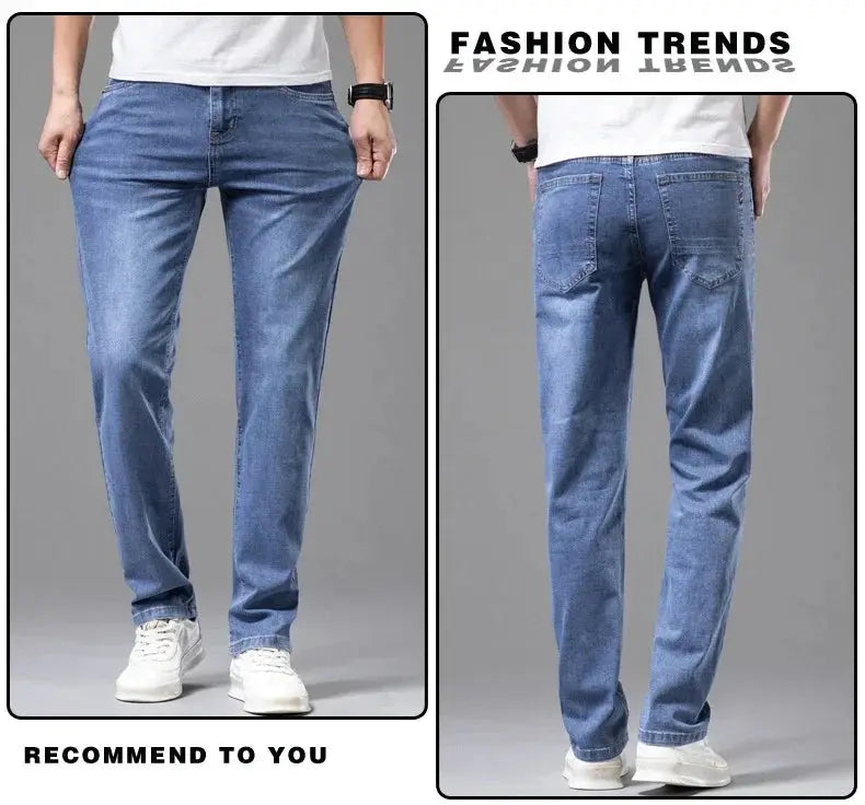 Men's gray elastic cotton jeans Simples Market; straight casual pants, front and back views