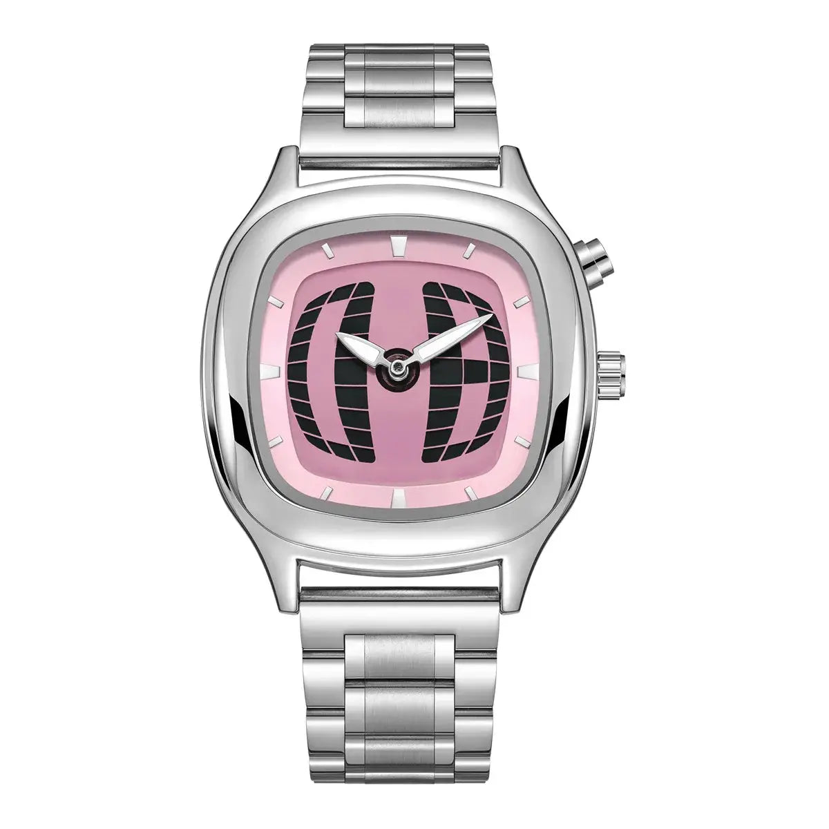 Men's stainless steel wristwatch with pink grid-pattern dial and metal bracelet