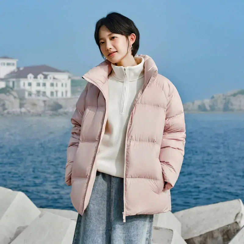Down jacket light pink short puffer coat by Simples Market, unisex with zip front