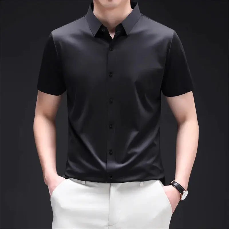 Mens Business Casual Short Sleeved Solid Color Shirt Wrinkle Resistant Wrinkle Free Comfortable All Season Versatile Top