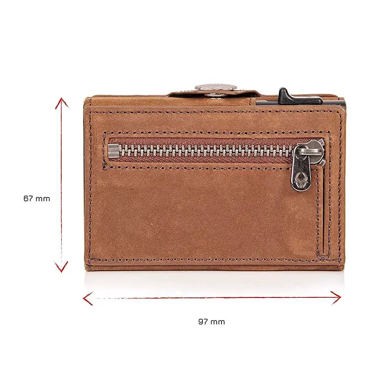 Pop-Up Credit Card Case Wallet in brown genuine leather with RFID protection and a zippered coin pocket