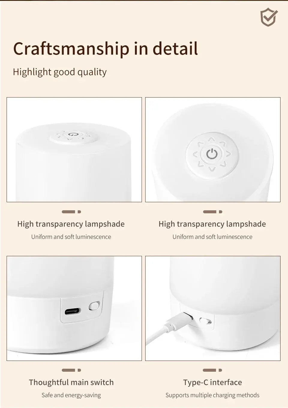Simples Market bedside LED touch night light, white cylindrical lamp, rechargeable with USB-C, dimmable.