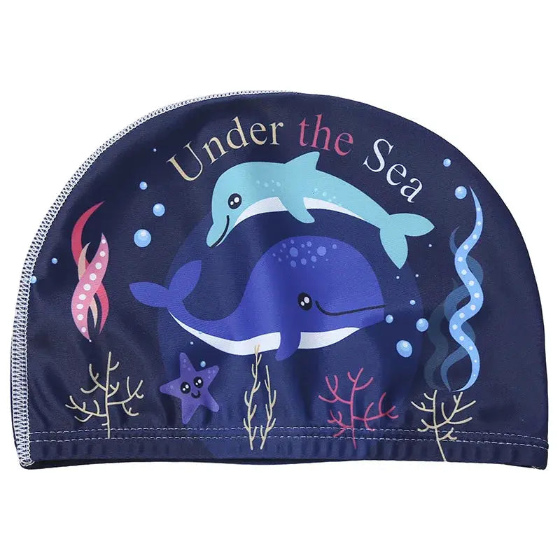 Kids Cartoon Swim Cap Elastic Fabric Pool Water Sports Ears Protection Hat Bathing Cap Boys Girls