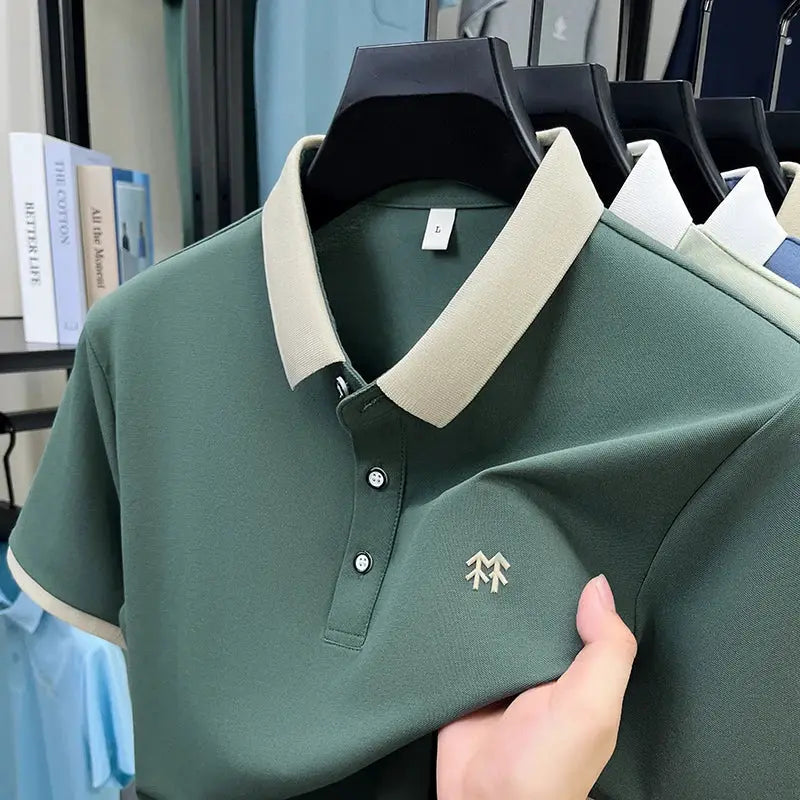 Simples Market designer silk-cotton polo shirt, green with cream collar and cuffs, short sleeves