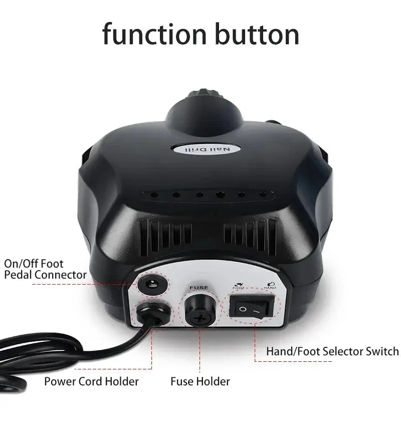 Black professional gel nail drill machine with foot-pedal connector, fuse holder, and hand/foot selector switch.