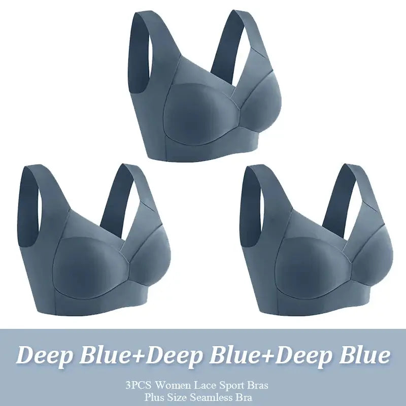 3Pcs Deep Blue seamless lace sport bras for women, wireless bralette set