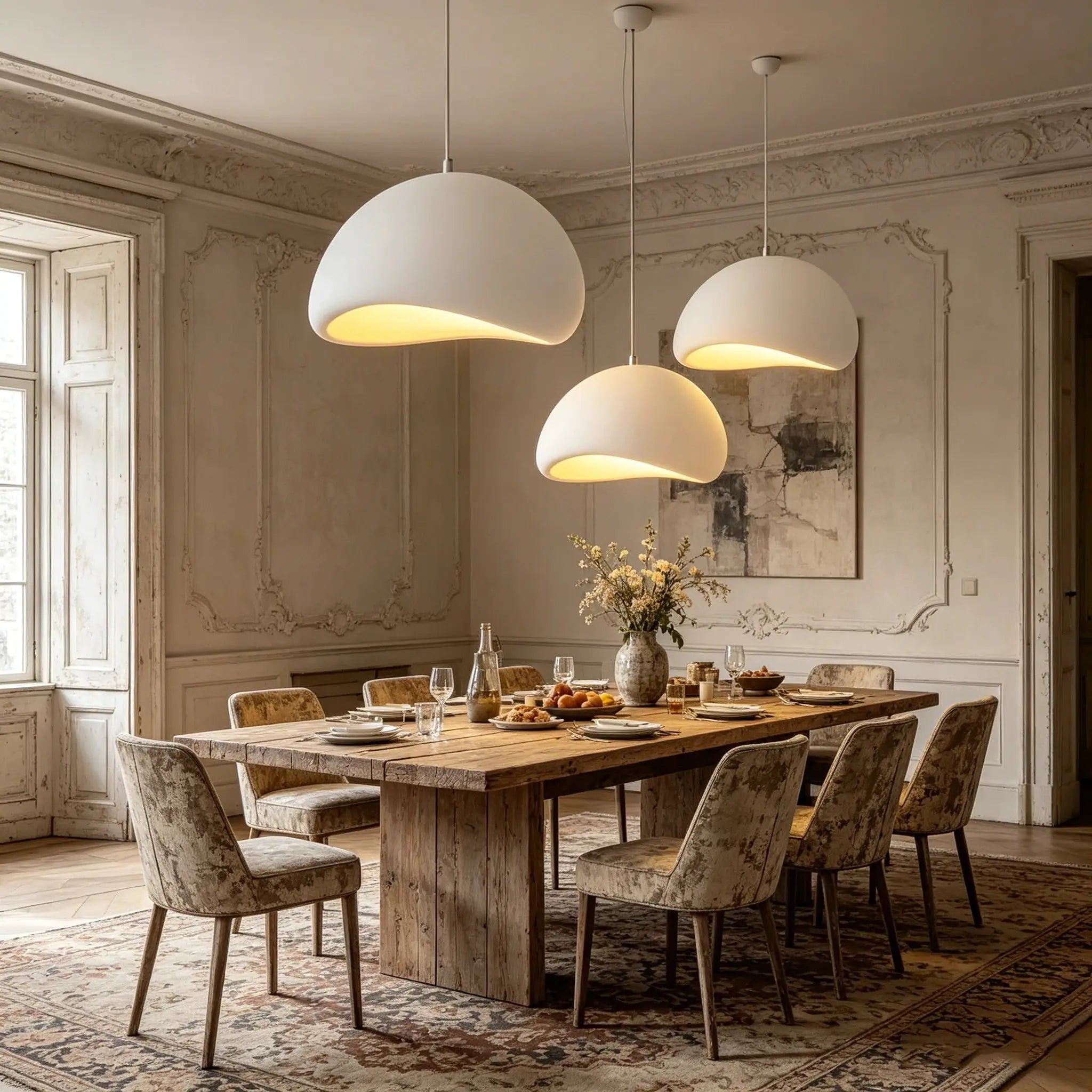 Nordic Wabi Sabi pendant lights by Simples Market - three white dome LED hanging lamps over a rustic dining table