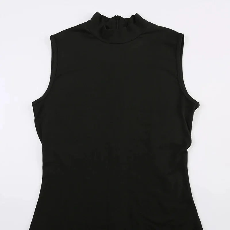 Women's black sleeveless jumpsuit with a high-neck collar