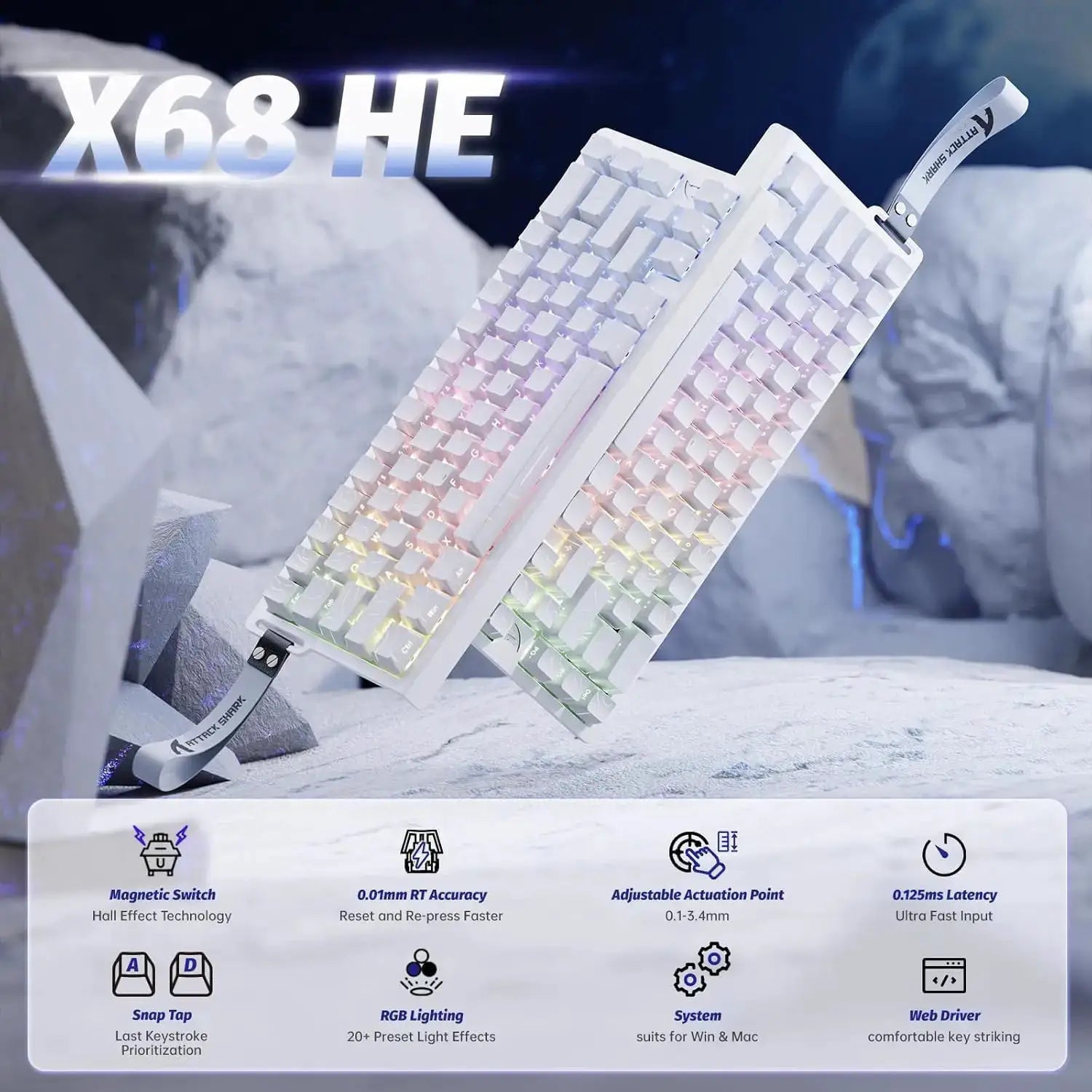 Attack Shark X68 HE white mechanical gaming keyboard by Simples Market with RGB lighting and Hall-effect switch, 60%.
